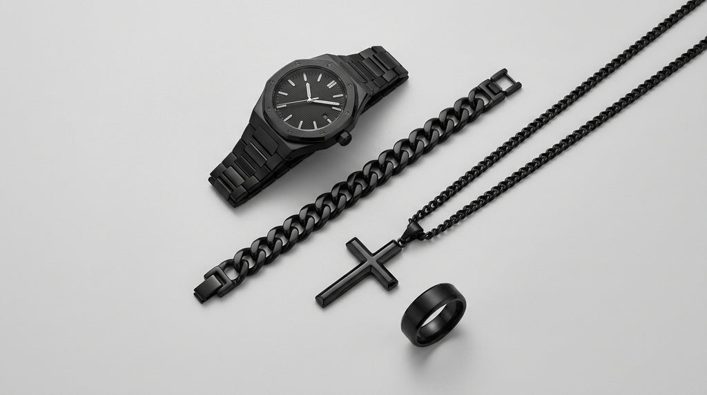 Aura Octagon Watch — Matte Black Case, Gold Arabic Dial | Men's Quartz Bracelet Watch