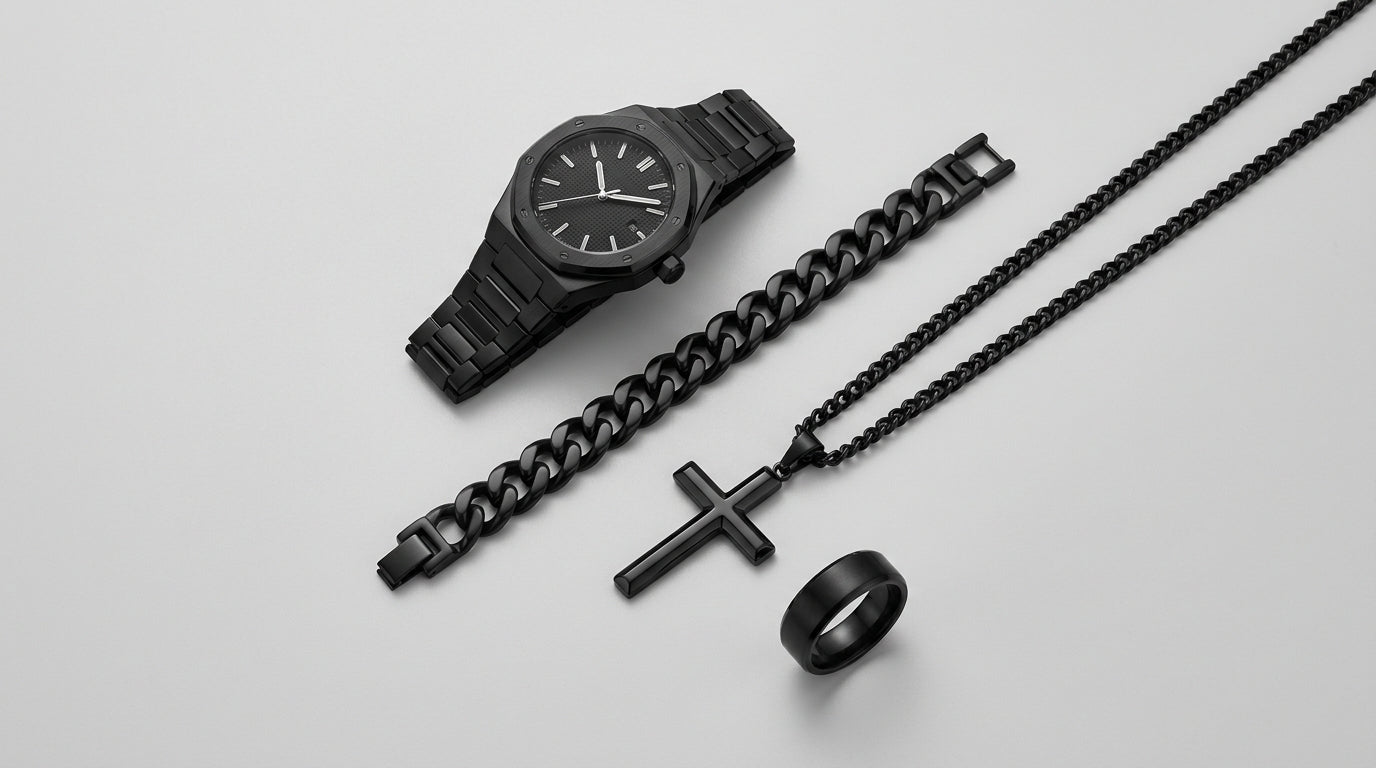 Aura Octagon Watch — Matte Black Case, Gold Arabic Dial | Men's Quartz Bracelet Watch