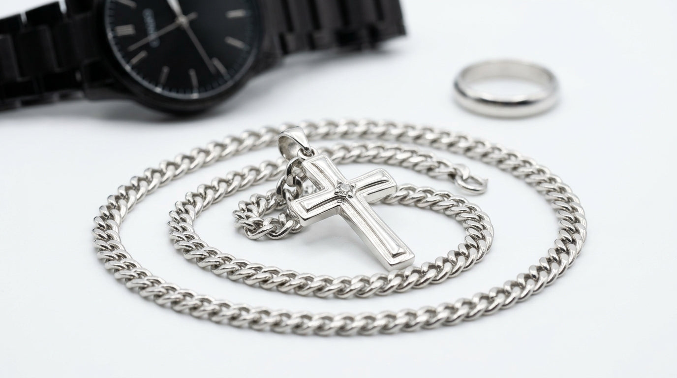 CS008 Men's 4-Piece Gift Set — Black Watch, Chain Bracelet, Cross Necklace & Ring