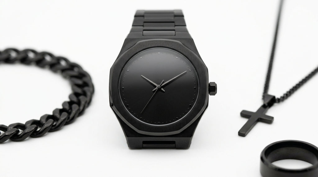 CS008 Men's 4-Piece Gift Set — Black Watch, Chain Bracelet, Cross Necklace & Ring