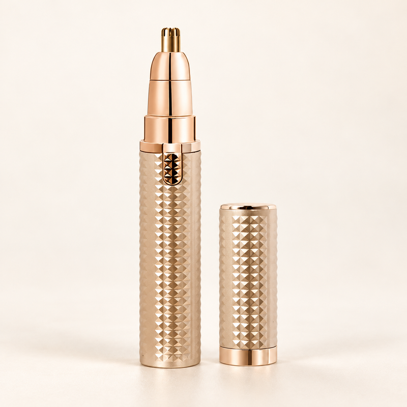 BrowSwift gold eyebrow trimmer and matching cap on an ivory background
