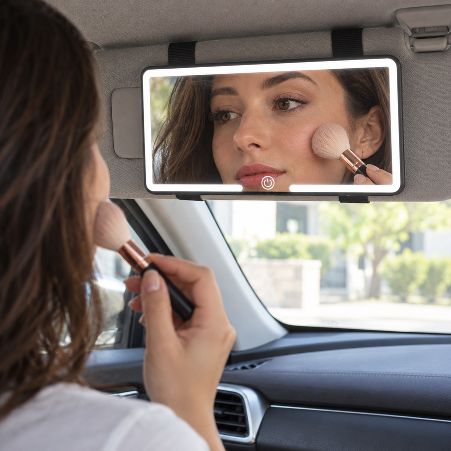 GlowVisor LED Car Visor Makeup Mirror — natural hero scene with an adult woman using the mirror in a parked car